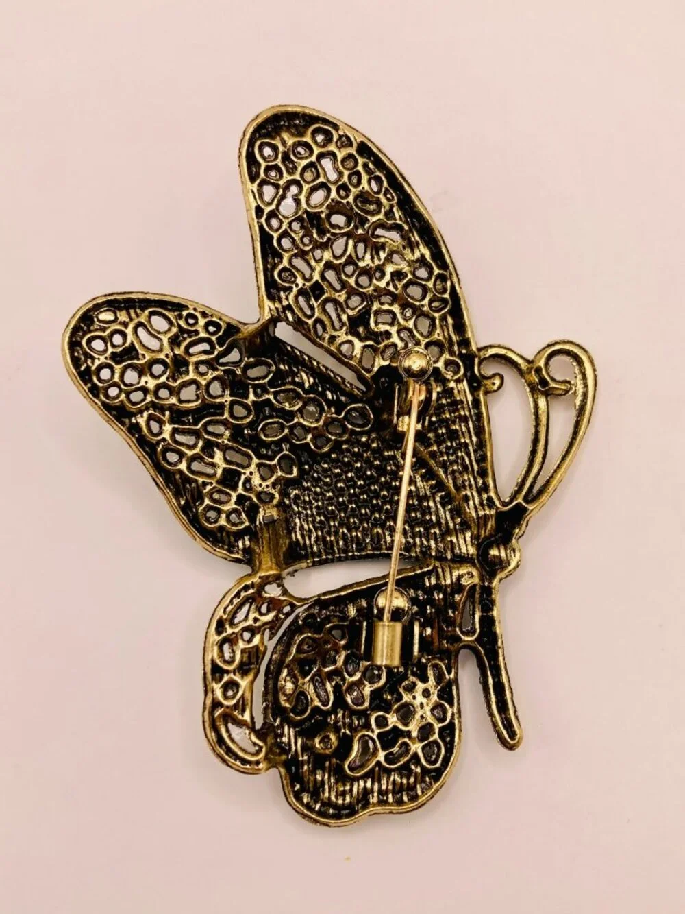 Butterfly Brooch Pin Blue & Green Rhinestones Antique Gold-Tone Metal -60B